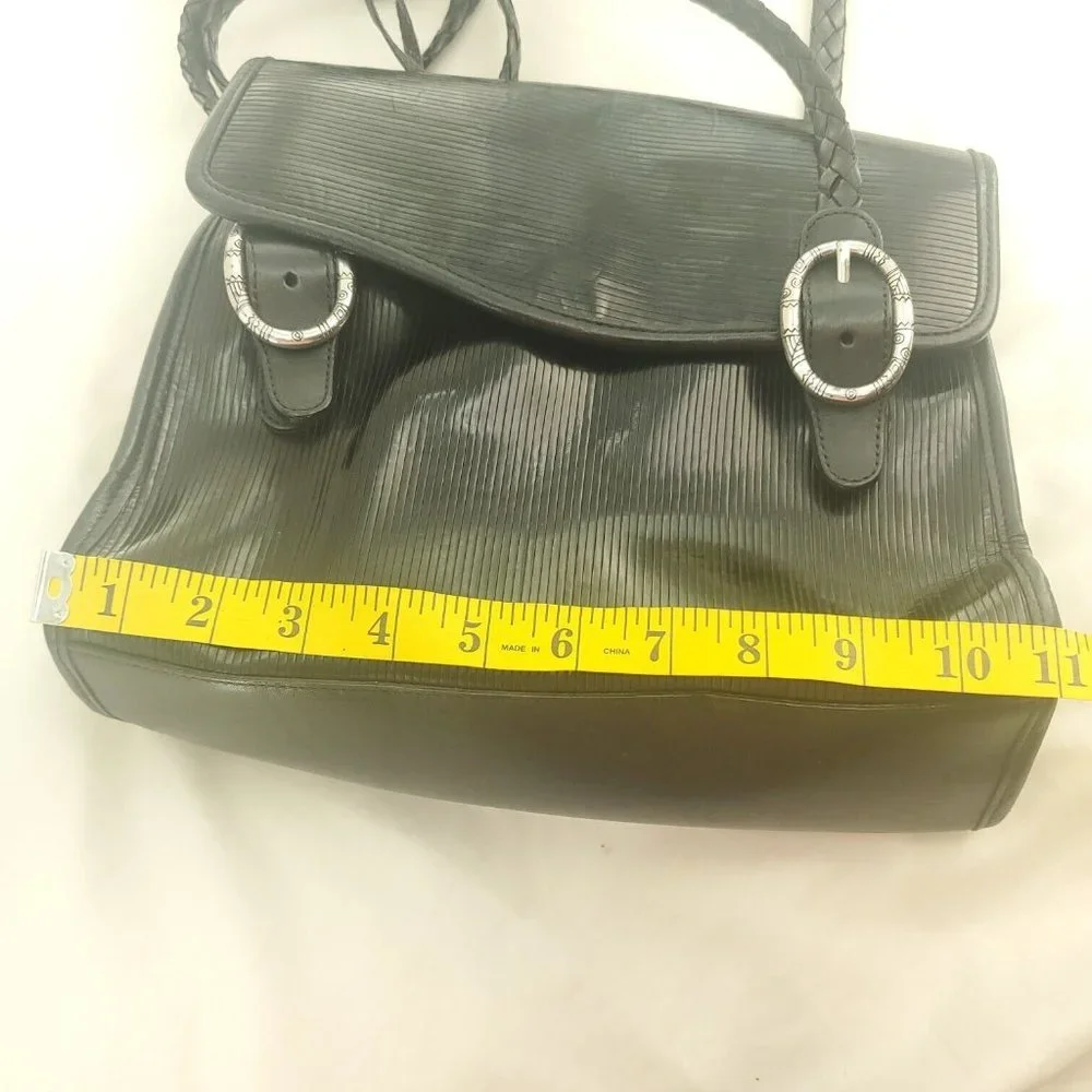 Brighton Womens Black Striped Leather Flap Front Braided Straps Satchel Bag